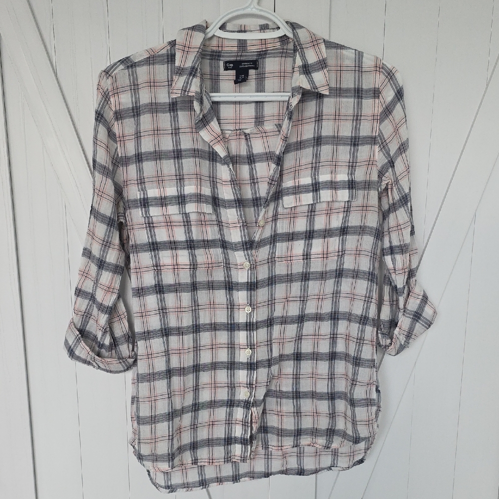 GAP Boyfriend Fit Plaid Shirt - Blue and Pink